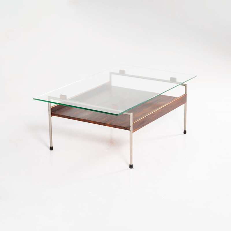 Table basse vintage en métal et palissandre avec plateau en verre par Fristho, 1960