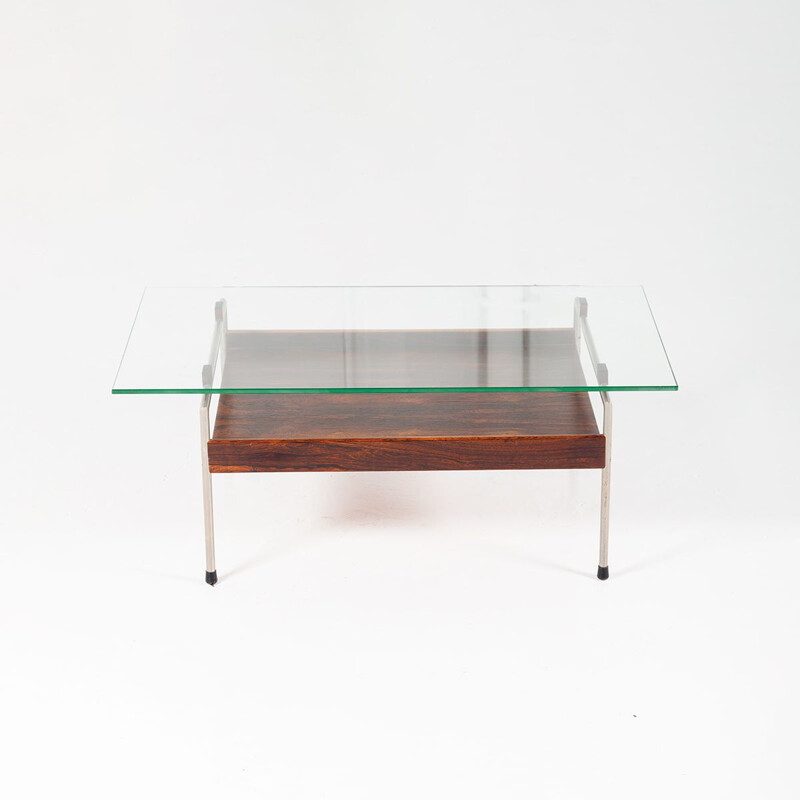 Mesa de centro vintage de metal y palisandro con tapa de cristal de Fristho, 1960