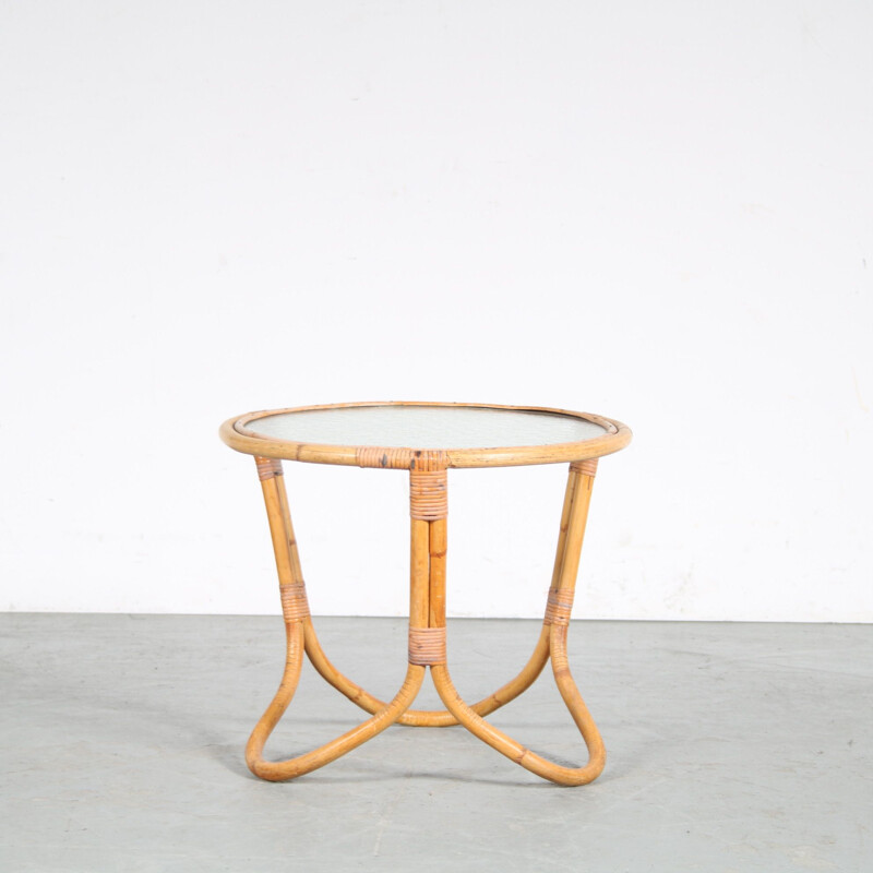 Vintage rattan and glass coffee table by Rohé, Netherlands 1950s