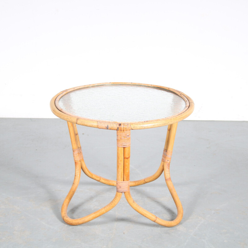 Vintage rattan and glass coffee table by Rohé, Netherlands 1950s