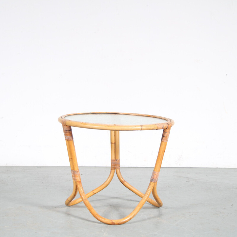 Vintage rattan and glass coffee table by Rohé, Netherlands 1950s