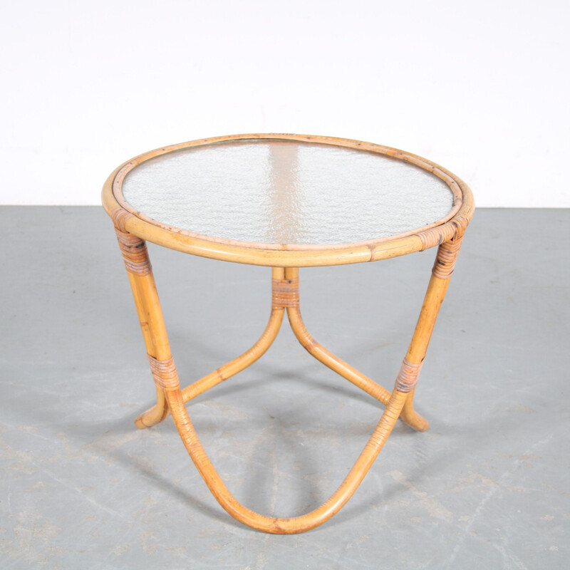 Vintage rattan and glass coffee table by Rohé, Netherlands 1950s