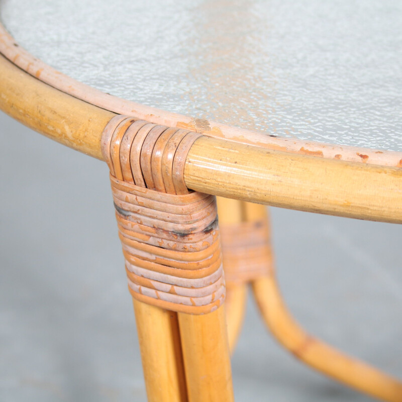 Table basse vintage en rotin et verre par Rohé, Pays-Bas 1950