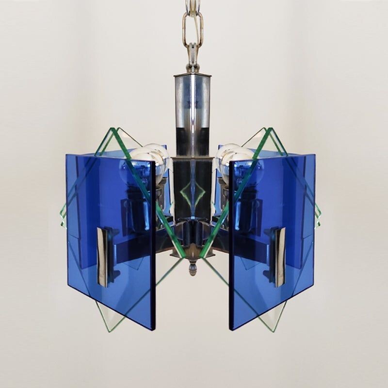 Vintage blue and green chandelier by Fontana Arte for Veca, Italy 1970s