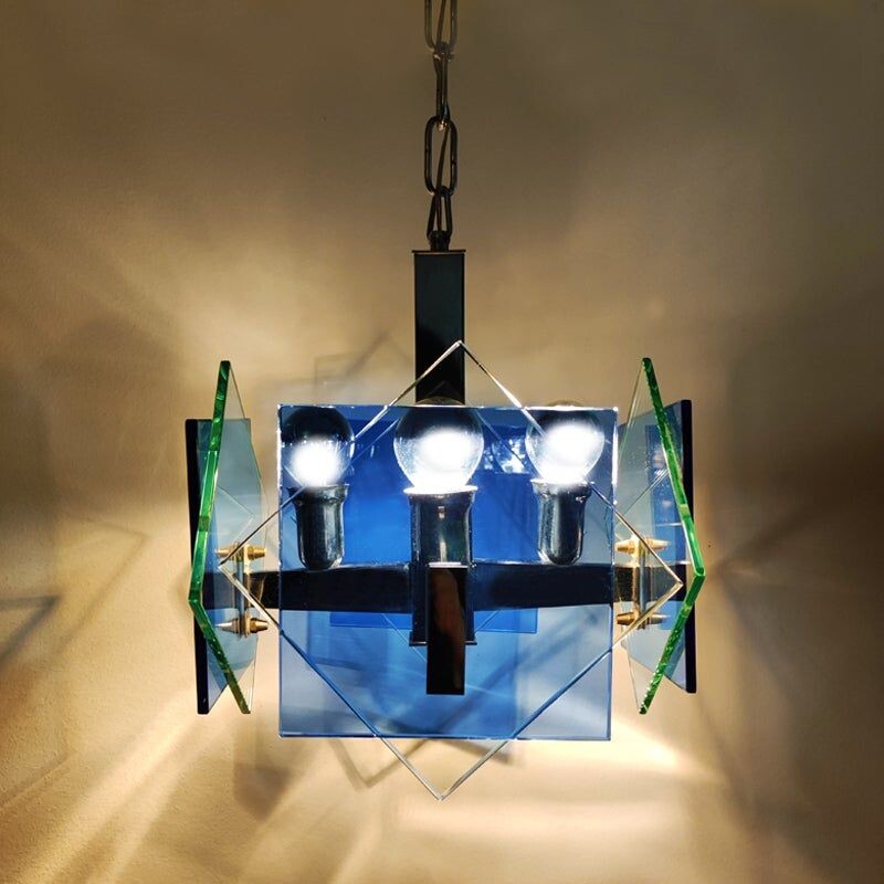 Vintage blue and green chandelier by Fontana Arte for Veca, Italy 1970s