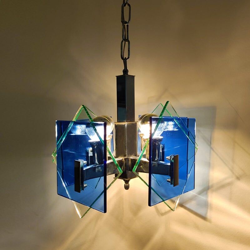 Vintage blue and green chandelier by Fontana Arte for Veca, Italy 1970s