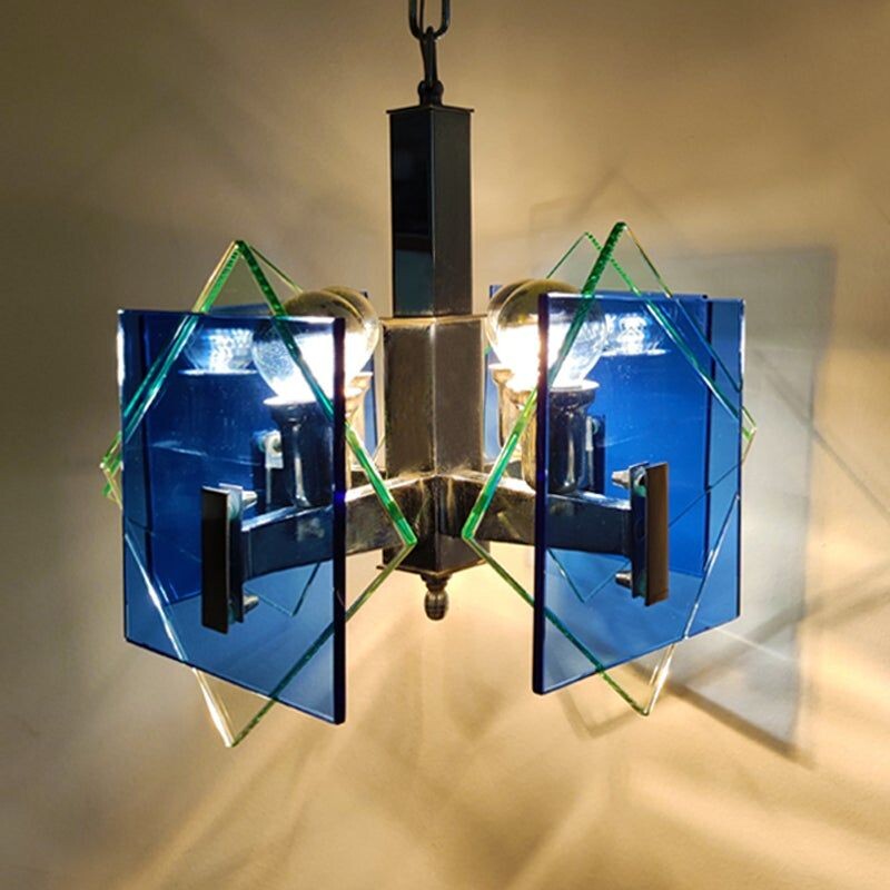 Lampadario vintage blu e verde di Fontana Arte per Veca, Italia 1970