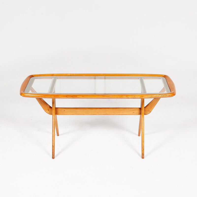 Vintage coffee table in cherry wood and glass by Cesare Lacquer for Cassina, Italy 1960