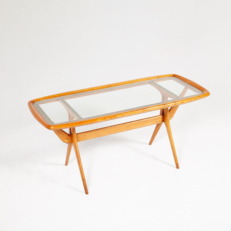 Vintage coffee table in cherry wood and glass by Cesare Lacquer for Cassina, Italy 1960