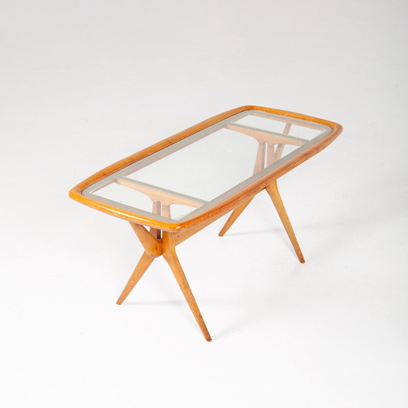 Vintage coffee table in cherry wood and glass by Cesare Lacquer for Cassina, Italy 1960