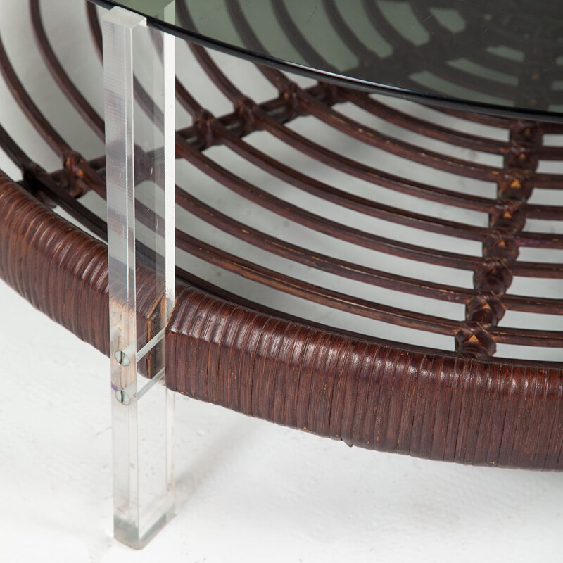 Vintage coffee table in rattan and plexiglass by T Spectrum, 1970