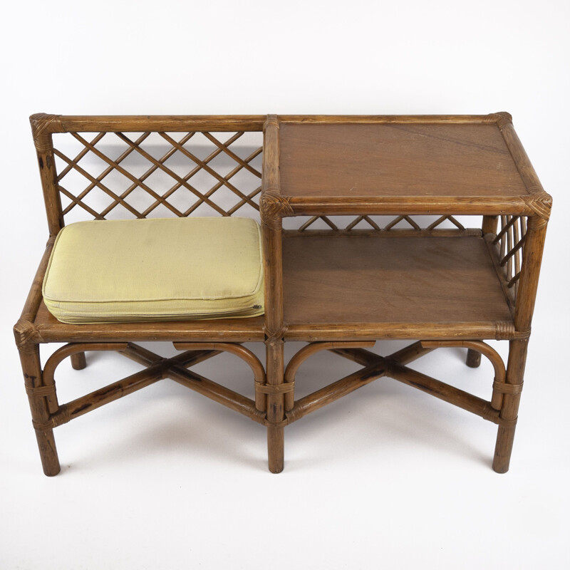 Vintage bamboo and rattan telephone bench, 1970s