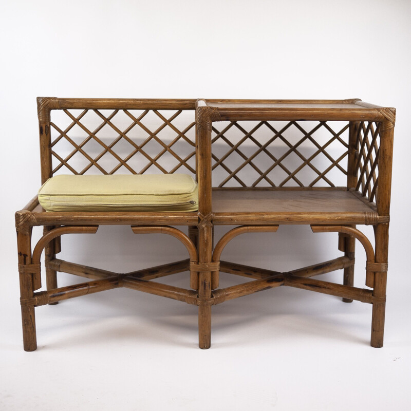 Vintage bamboo and rattan telephone bench, 1970s