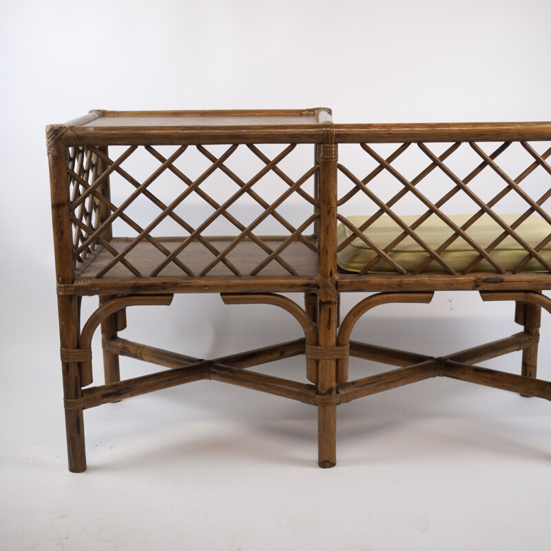 Vintage bamboo and rattan telephone bench, 1970s