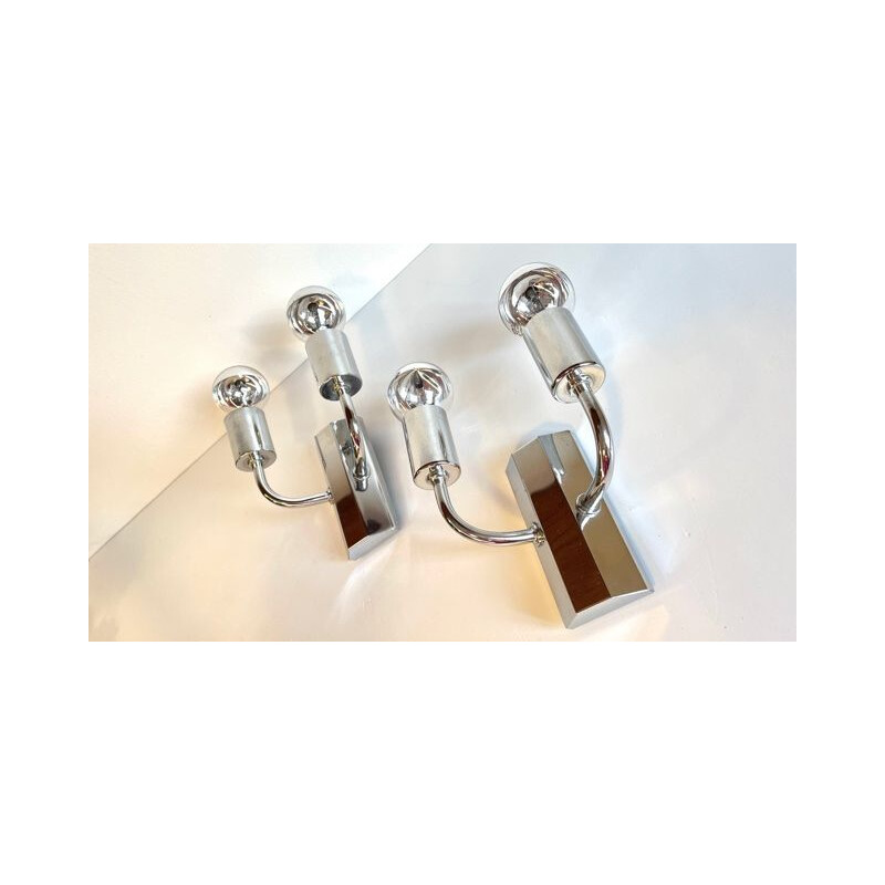 Pair of vintage wall lamps in chrome plated steel, 1970