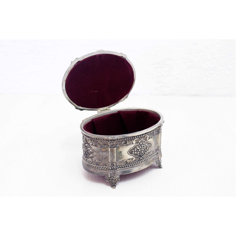 Boîte à bijoux Art Nouveau vintage en métal argenté, 1930-1940
