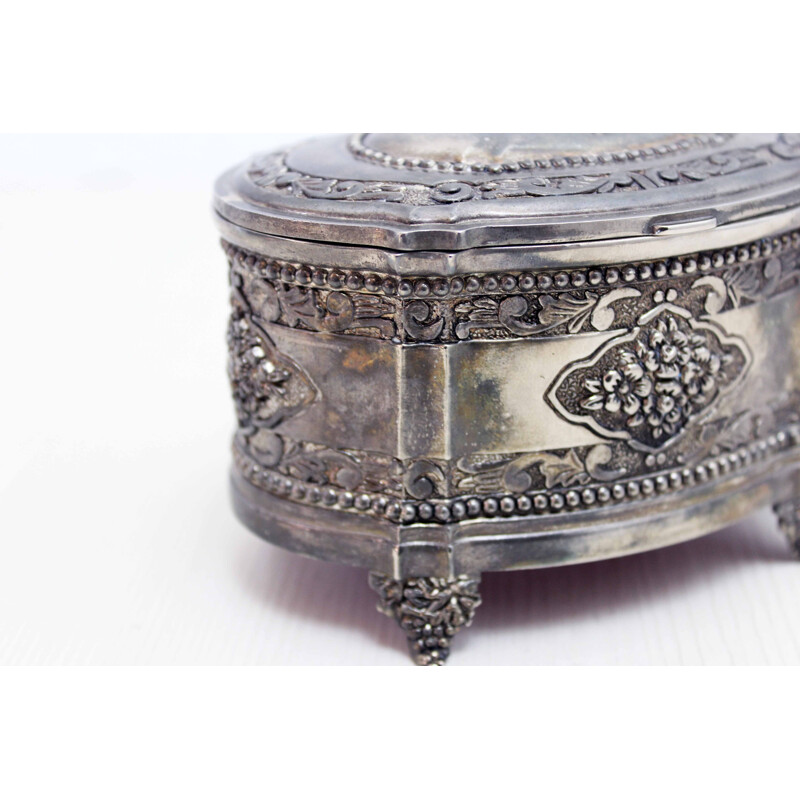 Boîte à bijoux Art Nouveau vintage en métal argenté, 1930-1940