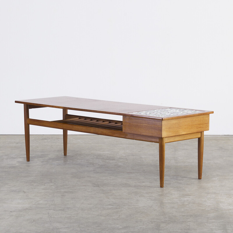 Teak coffee table with small tiles inlay - 1960s