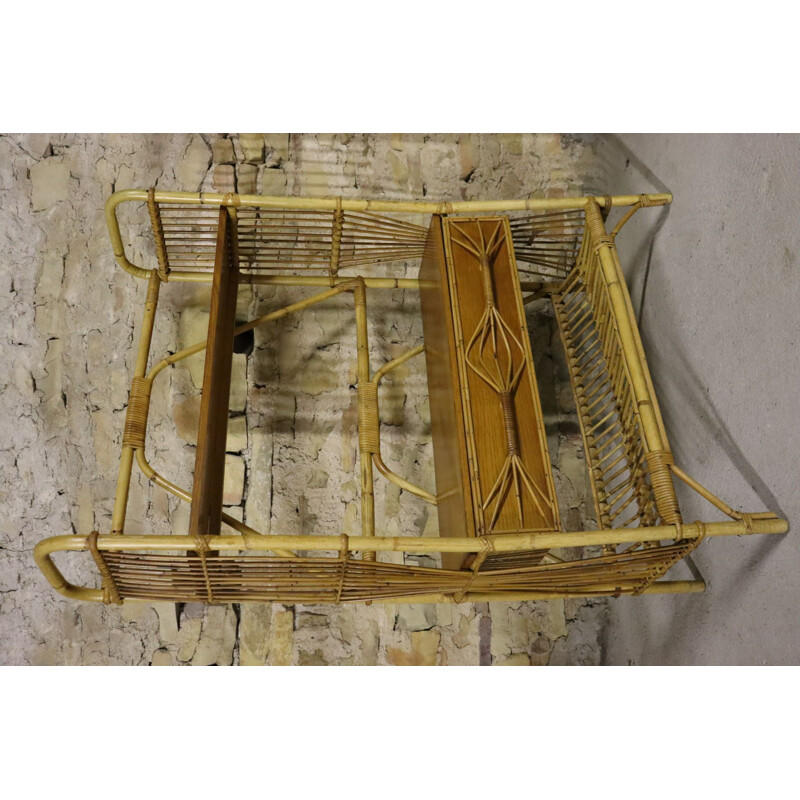 Vintage shelf in rattan and wood, 1960-1970