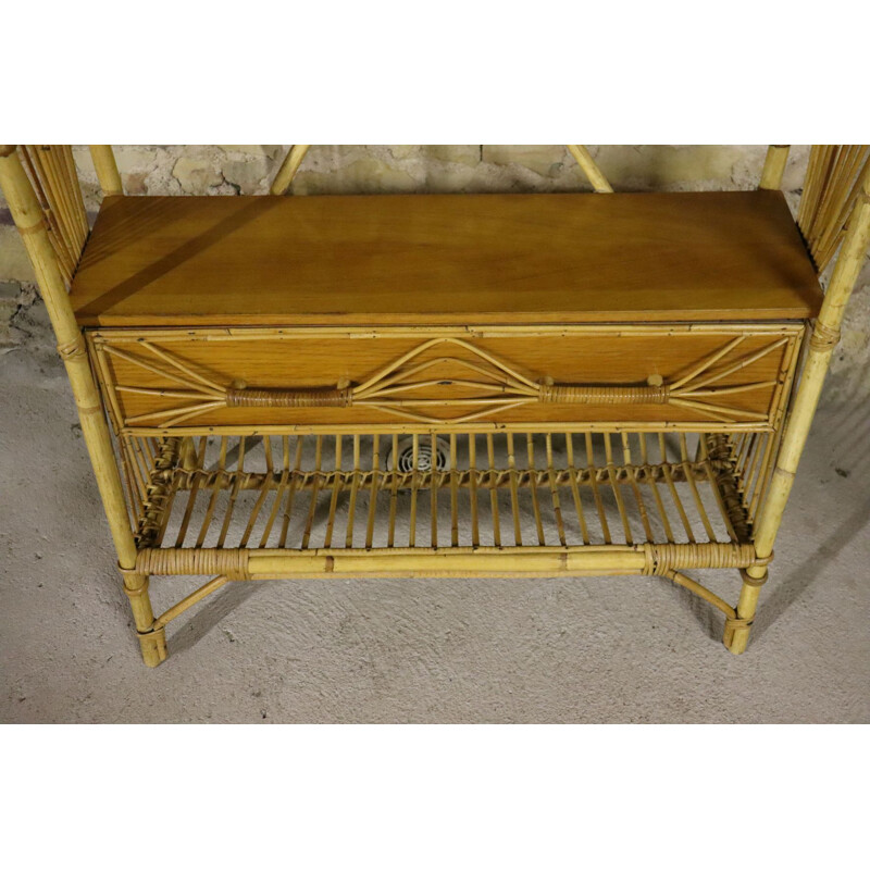 Vintage shelf in rattan and wood, 1960-1970