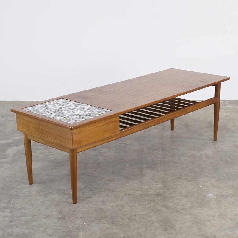 Teak coffee table with small tiles inlay - 1960s