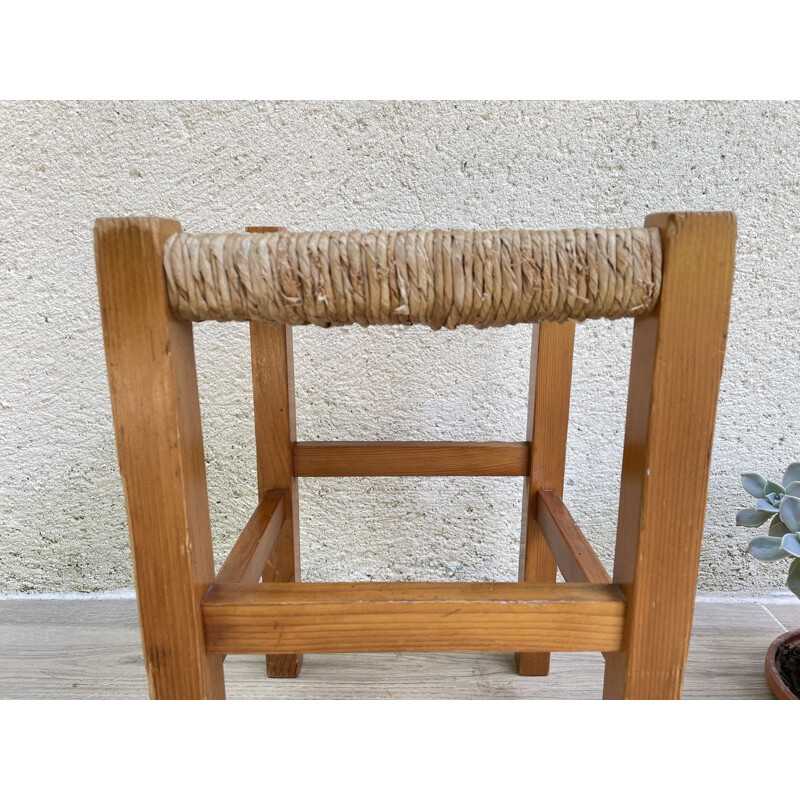 Vintage wood and straw stool