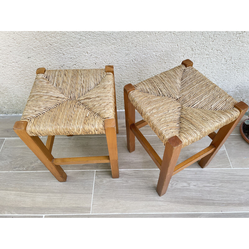 Vintage wood and straw stool