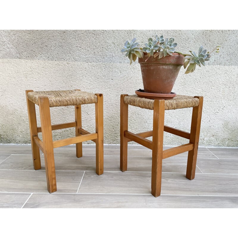 Vintage wood and straw stool