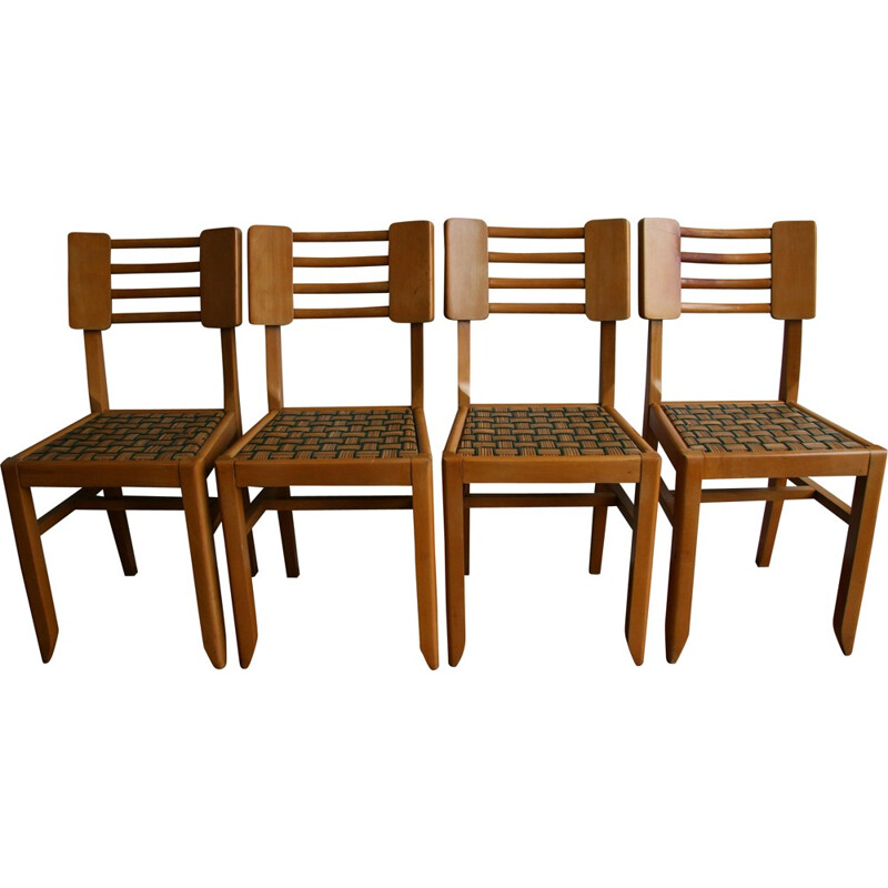 Set of 4 mid century chairs in wood with caning - 1950s