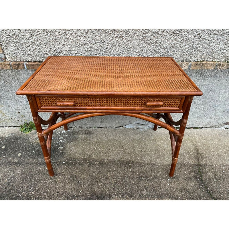 Vintage desk with 1 large drawer in rattan and cane, 1970