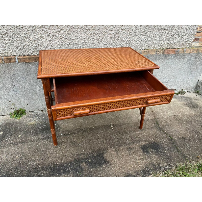 Vintage desk with 1 large drawer in rattan and cane, 1970