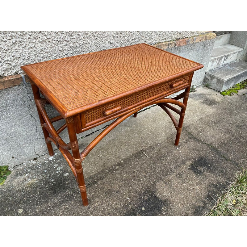 Vintage desk with 1 large drawer in rattan and cane, 1970