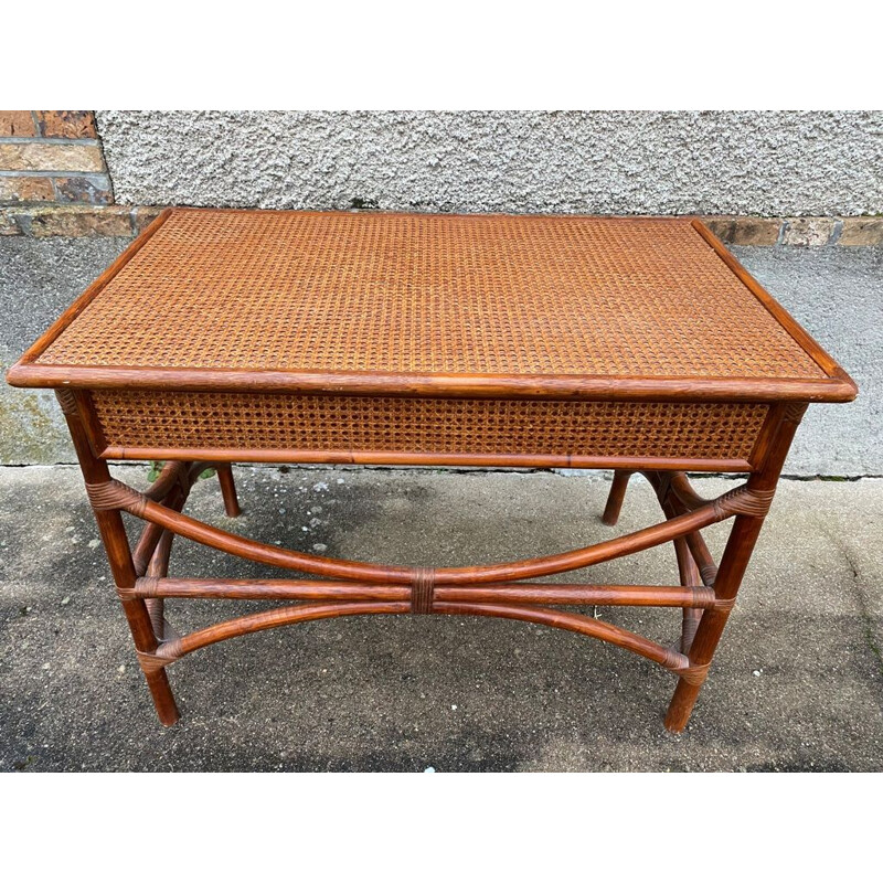 Vintage desk with 1 large drawer in rattan and cane, 1970