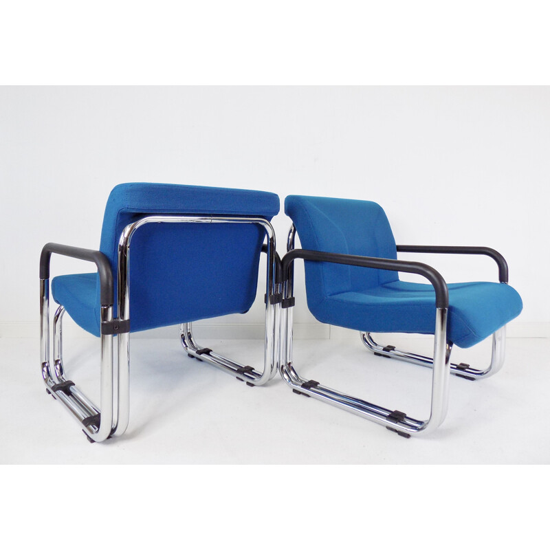 Pair of vintage Cazzaro armchairs in tubular steel and blue fabric