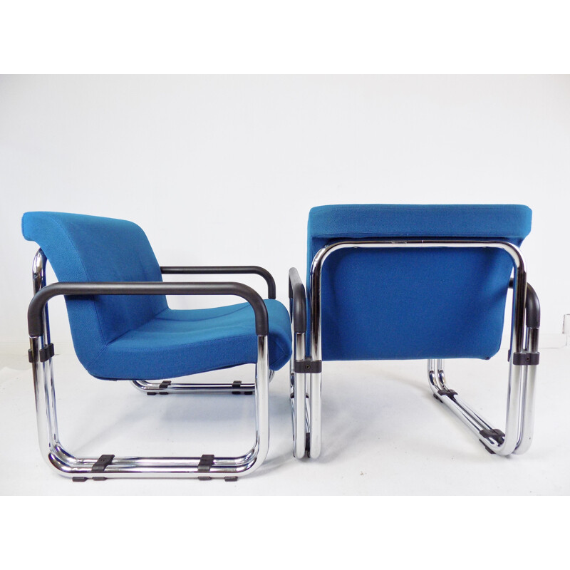 Pair of vintage Cazzaro armchairs in tubular steel and blue fabric