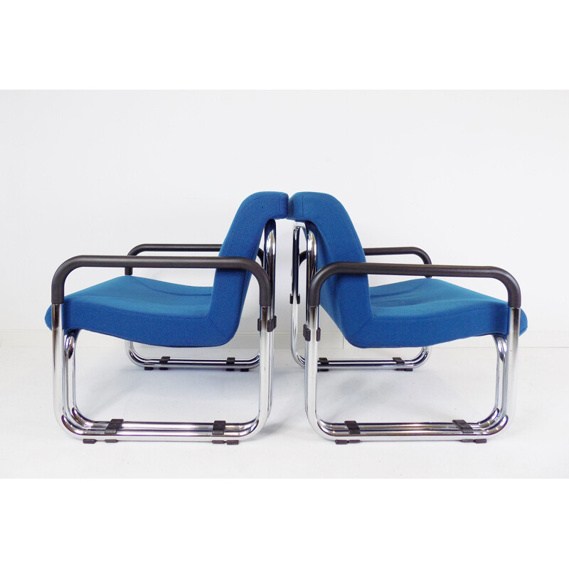 Pair of vintage Cazzaro armchairs in tubular steel and blue fabric