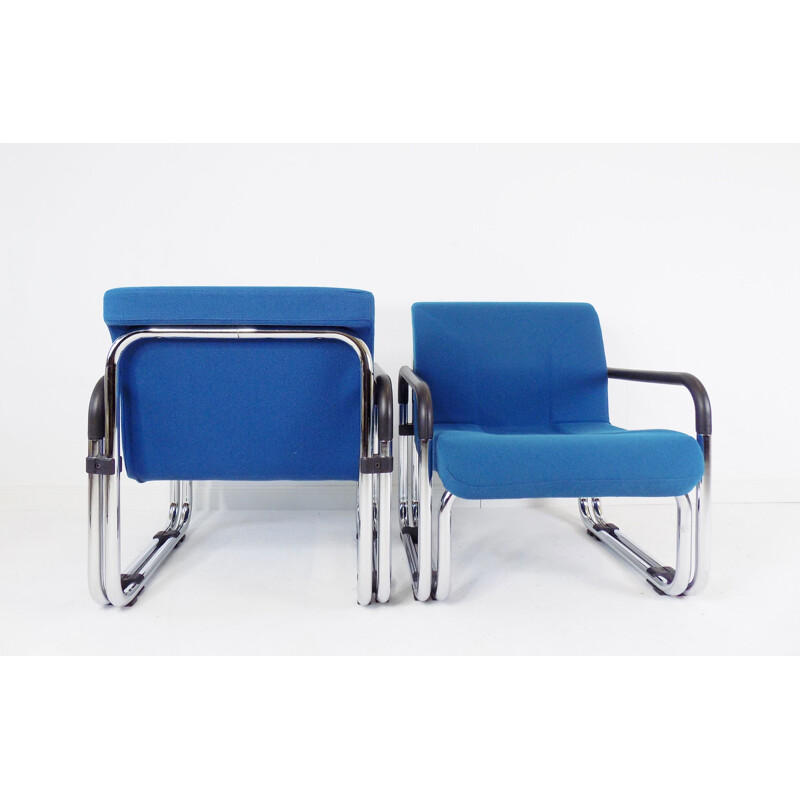 Pair of vintage Cazzaro armchairs in tubular steel and blue fabric