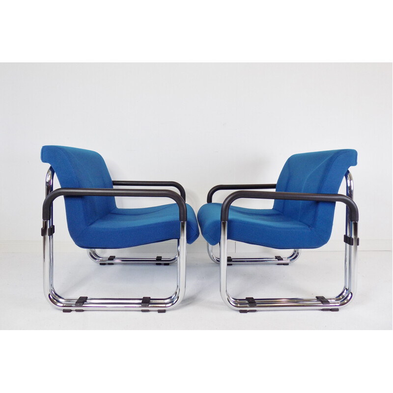 Pair of vintage Cazzaro armchairs in tubular steel and blue fabric