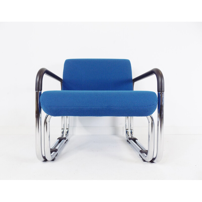 Paire de fauteuils vintage Cazzaro en acier tubulaire et tissu bleu