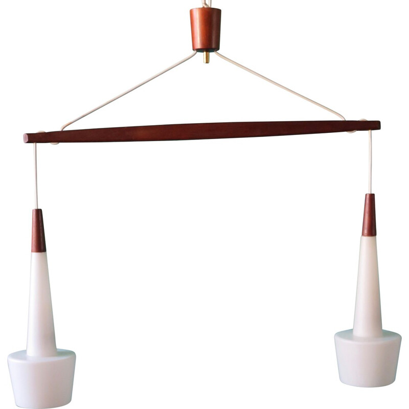 Danish hanging lamp in teak and opaline glass - 1960s