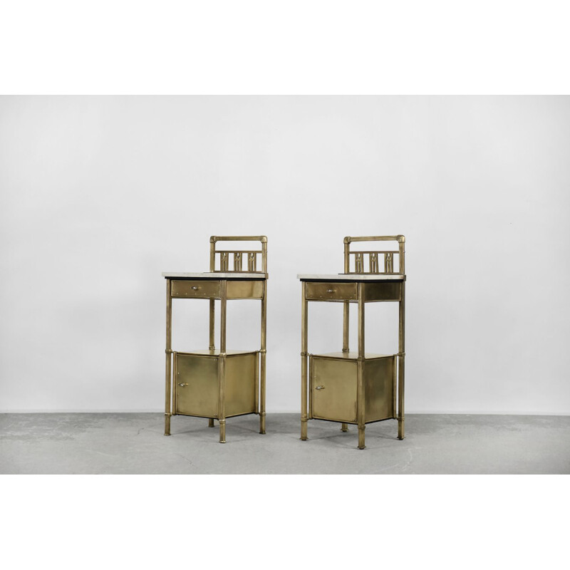Pair of vintage brass Art Deco night stands with marble tops by Konrad, 1900s