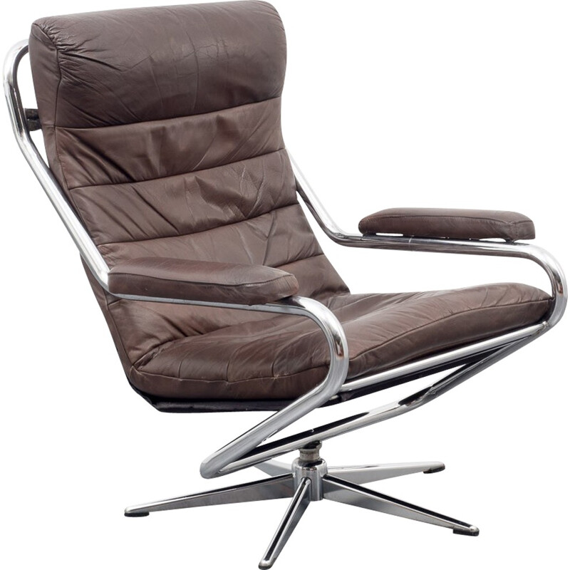 Mid-century armchair in chromed metal and brown leather - 1970s