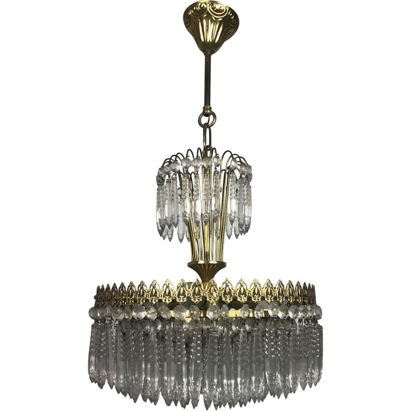 Vintage gilt brass and crystal papillae crown chandelier, 1970