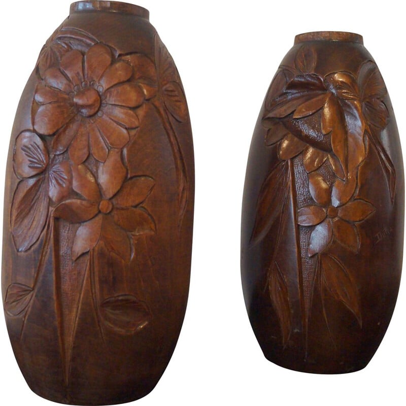 Paire de vase vintage en bois par Dupia, 1930-1940