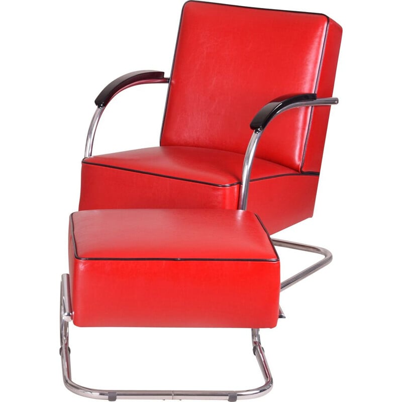 Vintage rode fauteuil en voetsteun van Mucke Melder, 1930