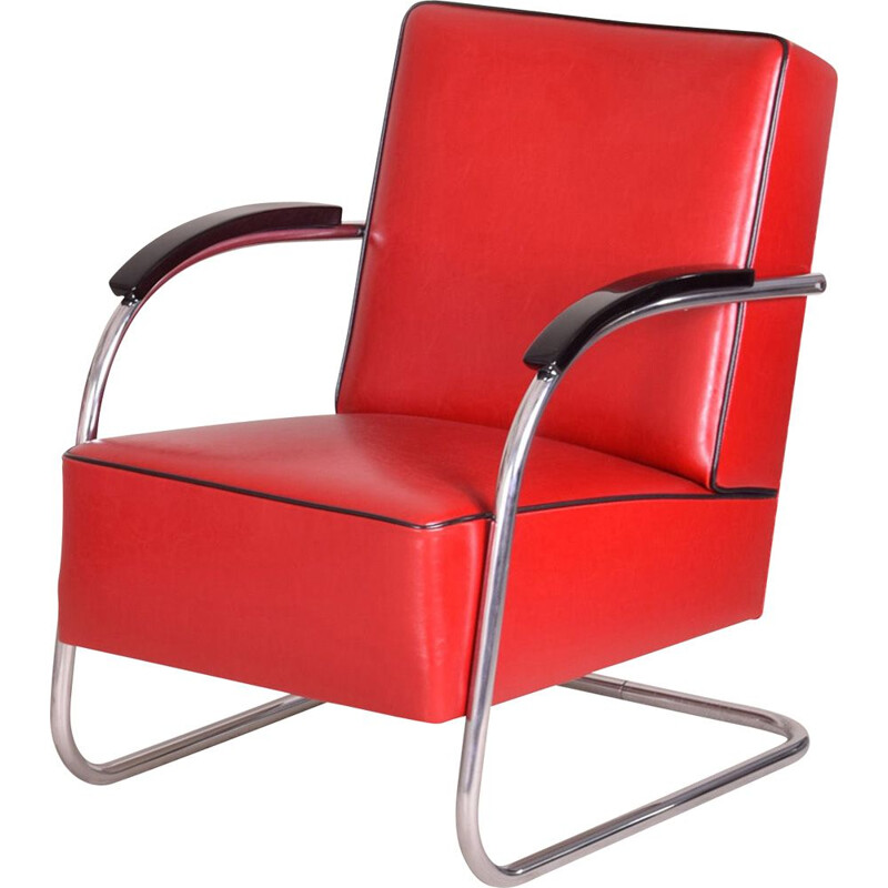 Vintage rood lederen fauteuil en voetensteun van Mucke Melder, 1930