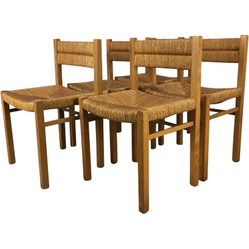 Set of 5 vintage wood and straw chairs by Pierre Gautier Delaye, 1960