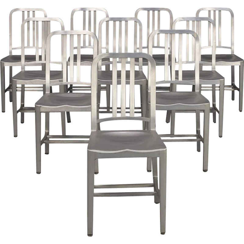 Set of 10 vintage "Navy" aluminium dining chairs for Emeco