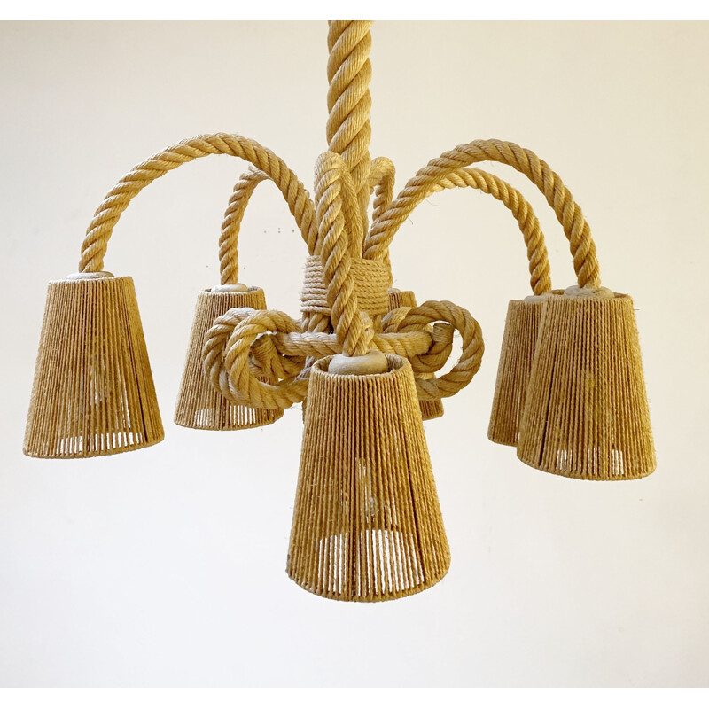 Mid-century rope chandelier by Audoux Minet, France 1970s