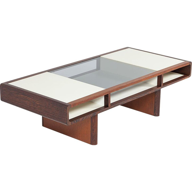 Vintage rectangular coffee table in formica and wengé with glass top by 't Spectrum, 1970s